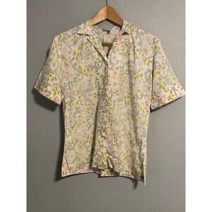 Vintage Floral Button Front Shirt Womens Small White Pink Yellow Mod Cottage 70s